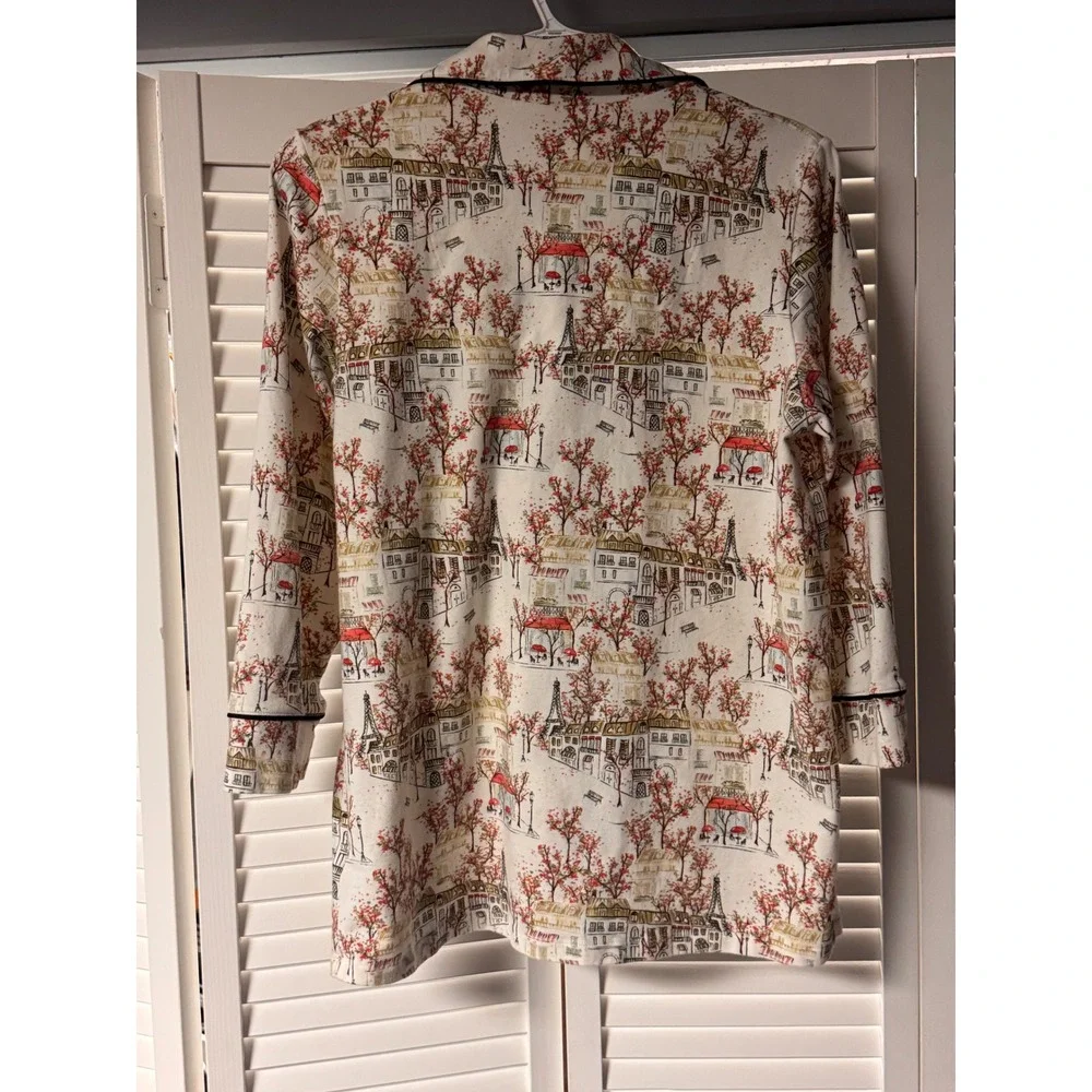 BedHead PJs Paris Print Organic Cotton Button Down Pajama Top Cream Small Cozy